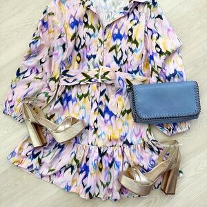 Elliatt Pastel Floral Ikat Ruffle Dress - Pink, Blue, Olive